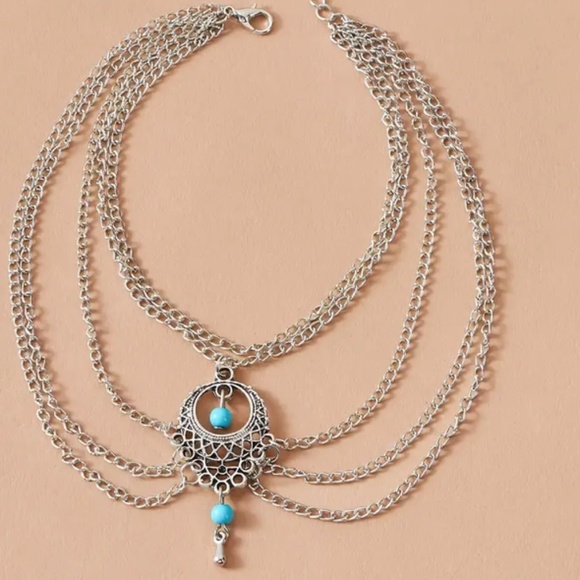 NEW BOHO VINTAGE STYLE SILVER/TURQUOISE BEADS SILVER CHAINS BEACH ANKLE BRACELET - Picture 2 of 6